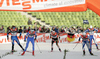 Petra Majdic (2nd from L) leading group into finish of half finals of first race of FIS Viessmann Tour de Ski. Women sprint race in Munich, Germany was, after cancelation of races in Nove Mesto, Czech, first race of FIS Viessmann Tour de Ski and was held in Olympic stadium in Munich, Germany on 31st of December 2006.
