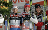 Winner Marit Bjoergen of Norway (M), second placed Arianna Folis of Italy (L) and third placed Chandra Crawford of Canada (R) celebrating their medals won in first race of FIS Viessmann Tour de Ski. Women sprint race in Munich, Germany was, after cancelation of races in Nove Mesto, Czech, first race of FIS Viessmann Tour de Ski and was held in Olympic stadium in Munich, Germany on 31st of December 2006.
