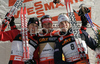 Christoph Eigenmann of Switzerland (M), Devon Kershaw of Canada (L) and Roddy Darragon of France (R) celebrate their medals in first race of FIS Viessmann Tour de Ski. Men sprint race in Munich, Germany was, after cancelation of races in Nove Mesto, Czech, first race of FIS Viessmann Tour de Ski and was held in Olympic stadium in Munich, Germany on 31st of December 2006.
