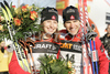 Devon Kershaw of Canada (R) and his teammate Chandra Crawford (L) celebrate their medals in first race of FIS Viessmann Tour de Ski. Men sprint race in Munich, Germany was, after cancelation of races in Nove Mesto, Czech, first race of FIS Viessmann Tour de Ski and was held in Olympic stadium in Munich, Germany on 31st of December 2006.
