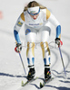 Mia Eriksson of Sweden skiing in qualifications for Women Sprint race of Junior Nordic skiing World Championships in Tarvisio, Italy. Qualifications for Women Sprint race of Junior Nordic skiing World Championships in Tarvisio, Italy were held on 12th of March 2007 in Fusine, Italy. Due warm weather and lack of snow, cross country skiing races of Junior Nordic skiing World Championships 2007 were moved from Tarvisio, Italy to Fusine, Italy.
