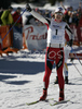 Winner Astrid Jacobsen of Norway is celebrating her victory when crossing finish line in finals of Women Sprint race of Junior Nordic skiing World Championships in Tarvisio, Italy. Women Sprint race of Junior Nordic skiing World Championships in Tarvisio, Italy was held on 12th of March 2007 in Fusine, Italy. Due warm weather and lack of snow, cross country skiing races of Junior Nordic skiing World Championships 2007 were moved from Tarvisio, Italy to Fusine, Italy.
