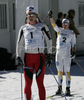 Second placed Charlotte Kalla of Sweden (R) celebrating her second place behind winner Astrid Jacobsen of Norway (L) in finals of Women Sprint race of Junior Nordic skiing World Championships in Tarvisio, Italy. Women Sprint race of Junior Nordic skiing World Championships in Tarvisio, Italy was held on 12th of March 2007 in Fusine, Italy. Due warm weather and lack of snow, cross country skiing races of Junior Nordic skiing World Championships 2007 were moved from Tarvisio, Italy to Fusine, Italy.

