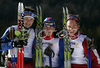 Winner Ivan Ivanov of Russia (M), second placed Martti Jylhae of Finland (L) and third placed Eirik Saeves of Norway (R) celebrating their medals won in Men Sprint race of Junior Nordic skiing World Championships in Tarvisio, Italy. Men Sprint race of Junior Nordic skiing World Championships in Tarvisio, Italy was held on 12th of March 2007 in Fusine, Italy. Due warm weather and lack of snow, cross country skiing races of Junior Nordic skiing World Championships 2007 were moved from Tarvisio, Italy to Fusine, Italy.
