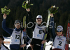 Winner Alena Prochazkova of Slovakia (M), second placed  Laura Valaas of USA (L) and third placed Piret Promeister of Estonia (R) celebrating their medals won in Women Under23 Sprint race of Junior Nordic skiing World Championships in Tarvisio, Italy. en Sprint race of Junior Nordic skiing World Championships in Tarvisio, Italy was held on 13th of March 2007 in Fusine, Italy. Due warm weather and lack of snow, cross country skiing races of Junior Nordic skiing World Championships 2007 were moved from Tarvisio, Italy to Fusine, Italy.

