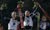 Winner Robin Bryntesson of Sweden (M), second placed Marcus Hellner of Sweden (L) and third placed Matias Strandvall of Finland (R) celebrating their medals won in Men Under23 Sprint race of Junior Nordic skiing World Championships in Tarvisio, Italy. Men Sprint race of Junior Nordic skiing World Championships in Tarvisio, Italy was held on 13th of March 2007 in Fusine, Italy. Due warm weather and lack of snow, cross country skiing races of Junior Nordic skiing World Championships 2007 were moved from Tarvisio, Italy to Fusine, Italy.
