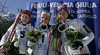 Winner Charlotte Kalla of Sweden (M), second placed Marthe Kristoffersen of Norway (L) and third placed Astrid Jacobsen of Norway (R) celebrating their medals won in Women 5km freestyle race of Junior Nordic skiing World Championships in Tarvisio, Italy. Women 5km freestyle race of Junior Nordic skiing World Championships in Tarvisio, Italy was held on 14th of March 2007 in Fusine, Italy. Due warm weather and lack of snow, cross country skiing races of Junior Nordic skiing World Championships 2007 were moved from Tarvisio, Italy to Fusine, Italy.
