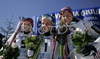Winner Charlotte Kalla of Sweden (M), second placed Marthe Kristoffersen of Norway (L) and third placed Astrid Jacobsen of Norway (R) celebrating their medals won in Women 5km freestyle race of Junior Nordic skiing World Championships in Tarvisio, Italy. Women 5km freestyle race of Junior Nordic skiing World Championships in Tarvisio, Italy was held on 14th of March 2007 in Fusine, Italy. Due warm weather and lack of snow, cross country skiing races of Junior Nordic skiing World Championships 2007 were moved from Tarvisio, Italy to Fusine, Italy.
