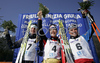 Winner Silvana Bucher of Switzerland (M), second placed Sofia Bleckur of Sweden (L) and third placed Marina Piller of Italy (R) celebrating their medals won in Women 10km freestyle race of Under23 Nordic skiing World Championships in Tarvisio, Italy. Women 10km freestyle race of Under23 Nordic skiing World Championships in Tarvisio, Italy was held on 15th of March 2007 in Fusine, Italy. Due warm weather and lack of snow, cross country skiing races of Junior Nordic skiing World Championships 2007 were moved from Tarvisio, Italy to Fusine, Italy.
