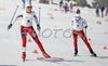 Second placed Marte Monrad-Hansen of Norway (L) and third placed Therese Johaug of Norway (R) sprinting for silver in Women 5+5km pursuit race of Junior Nordic skiing World Championships in Tarvisio, Italy. Women 5+5km pursuit race of Junior Nordic skiing World Championships in Tarvisio, Italy was held on 16th of March 2007 in Fusine, Italy. Due warm weather and lack of snow, cross country skiing races of Junior Nordic skiing World Championships 2007 were moved from Tarvisio, Italy to Fusine, Italy.
