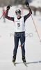 Second placed Coraline Hugue of France celebrating her silver medal when crossing finish line in Women 7.5+7.5km pursuit race of Under23 Nordic skiing World Championships in Tarvisio, Italy. Women 7.5+7.5km pursuit race of Junior Nordic skiing World Championships in Tarvisio, Italy was held on 17th of March 2007 in Fusine, Italy. Due warm weather and lack of snow, cross country skiing races of Junior Nordic skiing World Championships 2007 were moved from Tarvisio, Italy to Fusine, Italy.
