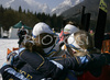 Second placed team of Sweden with Mia Eriksson, Eva Svensson, Anna Simberg and Charlotte Kalla celebrating their silver medal won in Women 4x3.3km relay race of Junior Nordic skiing World Championships in Tarvisio, Italy. Women 4x3.3km relay race of Junior Nordic skiing World Championships in Tarvisio, Italy was held on 18th of March 2007 in Fusine, Italy. Due warm weather and lack of snow, cross country skiing races of Junior Nordic skiing World Championships 2007 were moved from Tarvisio, Italy to Fusine, Italy.
