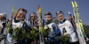 Girls of Finnish relay, Satu Annila, Kerttu Niskanen, Anne Kyllonen and Mari Laukkanen celebrating their bronze medal won in Women 4x3.3km relay race of Junior Nordic skiing World Championships in Tarvisio, Italy. Women 4x3.3km relay race of Junior Nordic skiing World Championships in Tarvisio, Italy was held on 18th of March 2007 in Fusine, Italy. Due warm weather and lack of snow, cross country skiing races of Junior Nordic skiing World Championships 2007 were moved from Tarvisio, Italy to Fusine, Italy.
