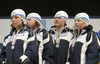 Second placed team of Sweden with Mia Eriksson, Eve Svensson, Anna Simberg and Charlotte Kalla celebrating their medals won in Women 4x3.3km relay race of Junior Nordic skiing World Championships in Tarvisio, Italy. Women 4x3.3km relay race of Junior Nordic skiing World Championships in Tarvisio, Italy was held on 18th of March 2007 in Fusine, Italy. Due warm weather and lack of snow, cross country skiing races of Junior Nordic skiing World Championships 2007 were moved from Tarvisio, Italy to Fusine, Italy.
