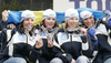 Second placed team of Sweden with Mia Eriksson, Eve Svensson, Anna Simberg and Charlotte Kalla celebrating their medals won in Women 4x3.3km relay race of Junior Nordic skiing World Championships in Tarvisio, Italy. Women 4x3.3km relay race of Junior Nordic skiing World Championships in Tarvisio, Italy was held on 18th of March 2007 in Fusine, Italy. Due warm weather and lack of snow, cross country skiing races of Junior Nordic skiing World Championships 2007 were moved from Tarvisio, Italy to Fusine, Italy.
