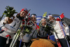 Girls of Norwegian relay, Celine Brun-Lie, Therese Johaug, Marte Monrad-Johansen and Astrid Jacobsen celebrating their bronze medal won in Women 4x3.3km relay race of Junior Nordic skiing World Championships in Tarvisio, Italy. Women 4x3.3km relay race of Junior Nordic skiing World Championships in Tarvisio, Italy was held on 18th of March 2007 in Fusine, Italy. Due warm weather and lack of snow, cross country skiing races of Junior Nordic skiing World Championships 2007 were moved from Tarvisio, Italy to Fusine, Italy.
