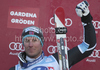Aksel Lund Svindal of Norway celebrates on the podium after winning the mens alpine ski World Cup Super-G race in Val Gardena, Italy, Friday, December 18, 2009.
