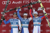 From left second placed Davide Simoncelli of Italy, winner Massimiliano Blardone of Italy and thirt placed Cyprien Richard of France celebrate on the podium after the mens alpine ski World Cup Giant Slalom race in Alta Badia, Italy, Sunday, December 20, 2009.
