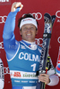 Massimiliano Blardone of Italy celebrates on the podium after winning the mens alpine ski World Cup Giant Slalom race in Alta Badia, Italy, Sunday, December 20, 2009.
