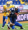 Markus Westman, (Team Sweden, LB, #32),  Olaf Eriksson, (Team Sweden, DB, #20) and Aappo Saloranta, (Team Finland, WR, #88) during the American Football European Championship 2014 group A game between Finland and Sweden at the NV Arena, St. Poelten, Austria on 2014/06/01.
