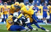 Veikka Lehtonen, (Team Finland, RB, #12) is stopped during the American Football European Championship 2014 group A game between Finland and Sweden at the NV Arena, St. Poelten, Austria on 2014/06/01.
