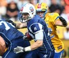 Veikka Lehtonen, (Team Finland, RB, #12) and  Markus Westman, (Team Sweden, LB, #32) during the American Football European Championship 2014 group A game between Finland and Sweden at the NV Arena, St. Poelten, Austria on 2014/06/01.
