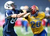 Aappo Saloranta, (Team Finland, WR, #88) and  Olaf Eriksson, (Team Sweden, DB, #20) during the American Football European Championship 2014 group A game between Finland and Sweden at the NV Arena, St. Poelten, Austria on 2014/06/01.
