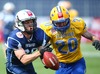 Aappo Saloranta, (Team Finland, WR, #88) and  Olaf Eriksson, (Team Sweden, DB, #20) during the American Football European Championship 2014 group A game between Finland and Sweden at the NV Arena, St. Poelten, Austria on 2014/06/01.
