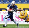 Veikka Lehtonen, (Team Finland, RB, #12) and  Rikard Robbins, (Team Sweden, DB, #37) during the American Football European Championship 2014 group A game between Finland and Sweden at the NV Arena, St. Poelten, Austria on 2014/06/01.
