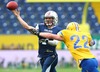 Miro Kadmiry, (Team Finland, QB, #7) and  Pontus Westman, (Team Sweden, LB, #22) during the American Football European Championship 2014 group A game between Finland and Sweden at the NV Arena, St. Poelten, Austria on 2014/06/01.

