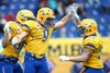 Jesper Hermodsson, (Team Sweden, WR, #82) celebrates with  Fredrik Eklund, (Team Sweden, WR, #9) and  Christian Forsman, (Team Sweden, RB, #39) during the American Football European Championship 2014 group A game between Finland and Sweden at the NV Arena, St. Poelten, Austria on 2014/06/01.
