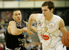 Goran Dragic (no.9) of Union Olimpija (R) and Di Bella Fabio (no.16) of Virtus Vidivici (L) during match of 13th round of Basketball Euroleague 2007-08. Match between Union Olimpija, Ljubljana, Slovenia, and Virtus VidiVici, Bologna, Italy was played on 24th of January 2008 in Tivoli Arena in Ljubljana, Slovenia. Match was won by Union Olimpija, who defeated Virtus VidiVici with 75:60.
