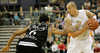 Gorenc Boris (no.10) of Union Olimpija (R) and Spencer Dewarick (no.6) of Virtus Vidivici (L) during match of 13th round of Basketball Euroleague 2007-08. Match between Union Olimpija, Ljubljana, Slovenia, and Virtus VidiVici, Bologna, Italy was played on 24th of January 2008 in Tivoli Arena in Ljubljana, Slovenia. Match was won by Union Olimpija, who defeated Virtus VidiVici with 75:60.
