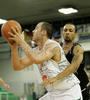 Marko Milic (no.12) of Union Olimpija (L) and Spencer Dewarick (no.6) of Virtus Vidivici (R) during match of 13th round of Basketball Euroleague 2007-08. Match between Union Olimpija, Ljubljana, Slovenia, and Virtus VidiVici, Bologna, Italy was played on 24th of January 2008 in Tivoli Arena in Ljubljana, Slovenia. Match was won by Union Olimpija, who defeated Virtus VidiVici with 75:60.
