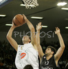 Hasan Rizvic (no.1) of Union Olimpija (L) and Giovannoni Guilherme (no.12) of Virtus Vidivici (R) during match of 13th round of Basketball Euroleague 2007-08. Match between Union Olimpija, Ljubljana, Slovenia, and Virtus VidiVici, Bologna, Italy was played on 24th of January 2008 in Tivoli Arena in Ljubljana, Slovenia. Match was won by Union Olimpija, who defeated Virtus VidiVici with 75:60.
