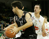 Giovannoni Guilherme (no.12) of Virtus Vidivici (L) and Jasmin Hukic (no.13) of Union Olimpija (R) during match of 13th round of Basketball Euroleague 2007-08. Match between Union Olimpija, Ljubljana, Slovenia, and Virtus VidiVici, Bologna, Italy was played on 24th of January 2008 in Tivoli Arena in Ljubljana, Slovenia. Match was won by Union Olimpija, who defeated Virtus VidiVici with 75:60.
