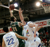 Hasan Rizvic (no.1) of Union Olimpija (L) scoring over Jack Ingram (no.10) of Helios Domzale (R) during final match of Spar Cup 2007-08 between Union Olimpija, Ljubljana, Slovenia, and Helios Domzale, Slovenia. Match between Union Olimpija and Helios Domzale was played on 10th of February 2008 in Arena Kodeljevo in Ljubljana, Slovenia. Match and Cup was won by Union Olimpija, who defeated Helios Domzale in final match with 85:66.
