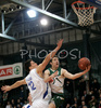Goran Dragic (no.9) of Union Olimpija (R) scoring next to Matej Krusic (no.12) of Helios Domzale (L) during final match of Spar Cup 2007-08 between Union Olimpija, Ljubljana, Slovenia, and Helios Domzale, Slovenia. Match between Union Olimpija and Helios Domzale was played on 10th of February 2008 in Arena Kodeljevo in Ljubljana, Slovenia. Match and Cup was won by Union Olimpija, who defeated Helios Domzale in final match with 85:66.
