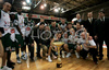 Players of Union Olimpija celebrating victory after end of final match of Spar Cup 2007-08 between Union Olimpija, Ljubljana, Slovenia, and Helios Domzale, Slovenia. Match between Union Olimpija and Helios Domzale was played on 10th of February 2008 in Arena Kodeljevo in Ljubljana, Slovenia. Match and Cup was won by Union Olimpija, who defeated Helios Domzale in final match with 85:66.
