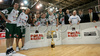 Players of Union Olimpija celebrating victory after end of final match of Spar Cup 2007-08 between Union Olimpija, Ljubljana, Slovenia, and Helios Domzale, Slovenia. Match between Union Olimpija and Helios Domzale was played on 10th of February 2008 in Arena Kodeljevo in Ljubljana, Slovenia. Match and Cup was won by Union Olimpija, who defeated Helios Domzale in final match with 85:66.
