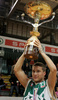 Jan Mocnik of Union Olimpija celebrating victory after end of final match of Spar Cup 2007-08 between Union Olimpija, Ljubljana, Slovenia, and Helios Domzale, Slovenia. Match between Union Olimpija and Helios Domzale was played on 10th of February 2008 in Arena Kodeljevo in Ljubljana, Slovenia. Match and Cup was won by Union Olimpija, who defeated Helios Domzale in final match with 85:66.
