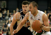 Marko Milic (no.12) of Union Olimpija (R) and Novica Velickovic (no.12) of KK Partizan Igokea (L) during second half finals match of Basketball NLB League final four between Union Olimpija, Ljubljana, Slovenia and Partizan Beograd, Serbia. Match between Union Olimpija and Partizan Begrad was played on 25th of April 2008 in Tivoli Arena in Ljubljana, Slovenia. Match was won by Partizan, who defeated Union Olimpija with 94:90.
