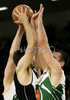 Players of Union Olimpija and KK Partizan Igokea during second half finals match of Basketball NLB League final four between Union Olimpija, Ljubljana, Slovenia and Partizan Beograd, Serbia. Match between Union Olimpija and Partizan Begrad was played on 25th of April 2008 in Tivoli Arena in Ljubljana, Slovenia. Match was won by Partizan, who defeated Union Olimpija with 94:90.
