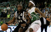 Milton Palacio (no.4) of KK Partizan Igokea (L) and Maurice Bailey (no.20) of Union Olimpija (R) during second half finals match of Basketball NLB League final four between Union Olimpija, Ljubljana, Slovenia and Partizan Beograd, Serbia. Match between Union Olimpija and Partizan Begrad was played on 25th of April 2008 in Tivoli Arena in Ljubljana, Slovenia. Match was won by Partizan, who defeated Union Olimpija with 94:90.

