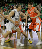 Nikola Pekovic (no.14) of KK Partizan Igokea (L) and Boban Marjanovic (no.20) of KK Hemofarm Stada (R) during finals match of Basketball NLB League final four between Partizan Beograd, Serbia and Hemofarm Stada, Vrsac, Serbia. Match between Hemofarm Stada and Partizan Begrad was played on 26th of April 2008 in Tivoli Arena in Ljubljana, Slovenia. Match was won by Partizan, who defeated Hemofarm with 69:51.
