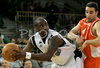 Milton Palacio (no.4) of KK Partizan Igokea (L) and Miljan Pavkovic (no.4) of KK Hemofarm Stada (R) during finals match of Basketball NLB League final four between Partizan Beograd, Serbia and Hemofarm Stada, Vrsac, Serbia. Match between Hemofarm Stada and Partizan Begrad was played on 26th of April 2008 in Tivoli Arena in Ljubljana, Slovenia. Match was won by Partizan, who defeated Hemofarm with 69:51.
