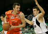 Milivoje Bozovic (no.8) of KK Hemofarm Stada (L) and Novica Velickovic (no.12) of KK Partizan Igokea (R) during finals match of Basketball NLB League final four between Partizan Beograd, Serbia and Hemofarm Stada, Vrsac, Serbia. Match between Hemofarm Stada and Partizan Begrad was played on 26th of April 2008 in Tivoli Arena in Ljubljana, Slovenia. Match was won by Partizan, who defeated Hemofarm with 69:51.
