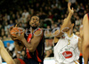Mustafa Shakur (no.22) of Tau Ceramica (L) attacking next to Jonathan Wallace (no.5) of Union Olimpija (R) during match of Basketball Euroleague between Union Olimpija, Ljubljana, Slovenia and Tau Ceramica, Vitoria, Spain. Match between Union Olimpija and Tau Ceramica was played on 30th of October 2008 in Tivoli Arena in Ljubljana, Slovenia.
