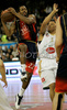 Mustafa Shakur (no.22) of Tau Ceramica (L) attacking next to Jonathan Wallace (no.5) of Union Olimpija (R) during match of Basketball Euroleague between Union Olimpija, Ljubljana, Slovenia and Tau Ceramica, Vitoria, Spain. Match between Union Olimpija and Tau Ceramica was played on 30th of October 2008 in Tivoli Arena in Ljubljana, Slovenia.
