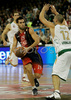 Fernando San Emeterio (no.19) of Tau Ceramica (L) and Marko Milic (no.12) of Union Olimpija (R) during match of Basketball Euroleague between Union Olimpija, Ljubljana, Slovenia and Tau Ceramica, Vitoria, Spain. Match between Union Olimpija and Tau Ceramica was played on 30th of October 2008 in Tivoli Arena in Ljubljana, Slovenia.
